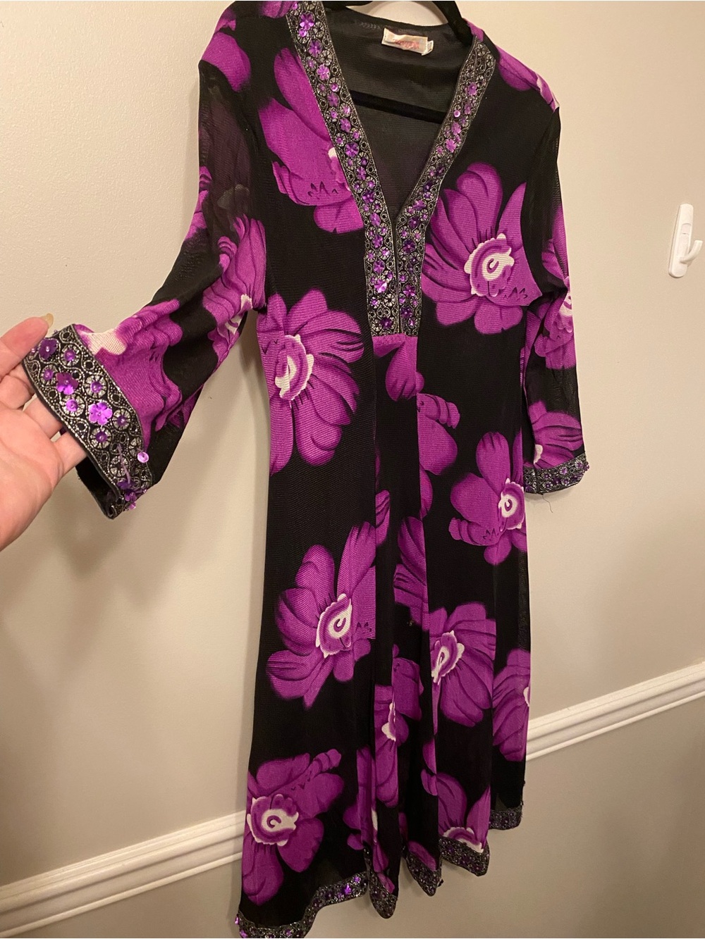 Black & Purple Floral Midi Dress with Embellished Trim
